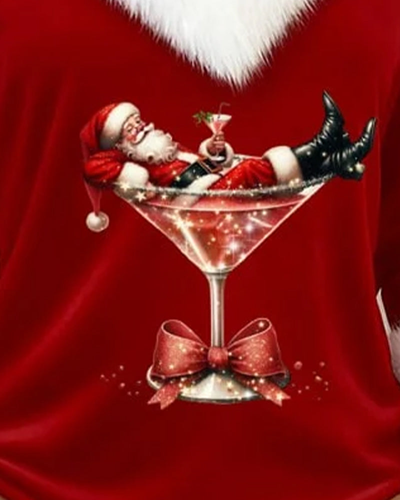 Top de peluche con estampado navideño de manga larga