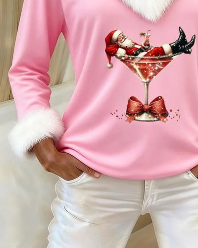 Top de peluche con estampado navideño de manga larga