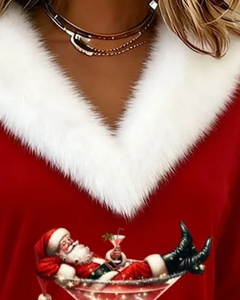 Top de peluche con estampado navideño de manga larga
